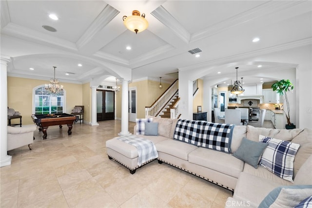 living room with ornate columns, crown molding, recessed lighting, billiards, and coffered ceiling