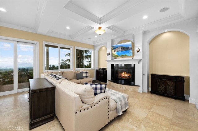 280 W 26th St, Upland, CA 91784 - living area featuring coffered ceiling, arched walkways, a premium fireplace, beamed ceiling, and baseboards