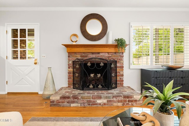 living area with baseboards, wood finished floors, a fireplace, and crown molding
