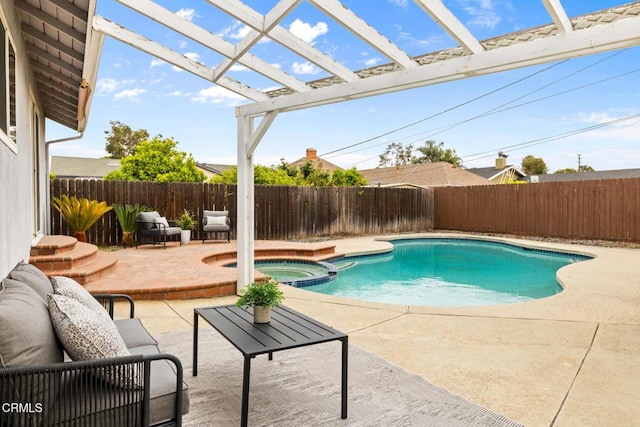 view of swimming pool with a patio, a pergola, a pool with connected hot tub, and a fenced backyard