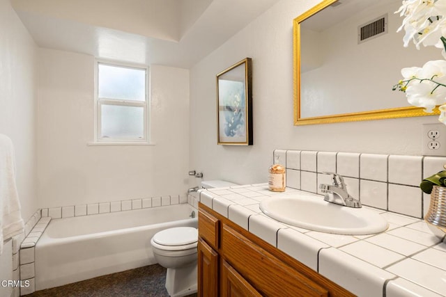 full bath with tasteful backsplash, toilet, a bath, vanity, and visible vents
