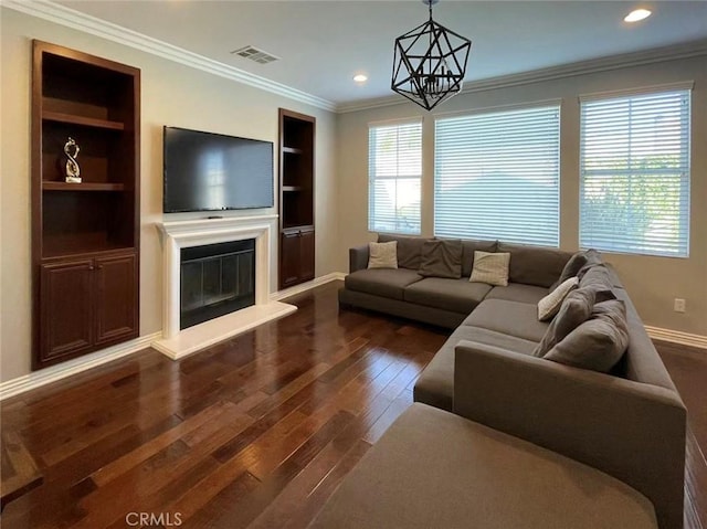 1027 Palmetto Way, Costa Mesa, CA 92626 - living area featuring visible vents, ornamental molding, a glass covered fireplace, baseboards, and dark wood finished floors