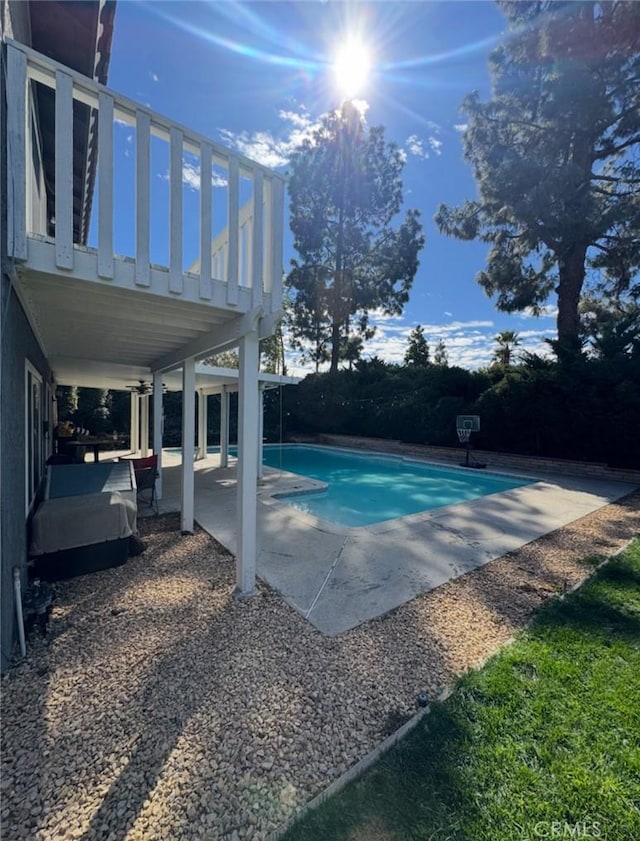 view of swimming pool featuring a fenced in pool and a patio area