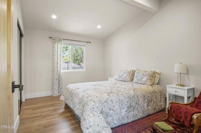 1820 Ramona Dr, Camarillo, CA 93010 - bedroom with recessed lighting, baseboards, vaulted ceiling with beams, and wood finished floors