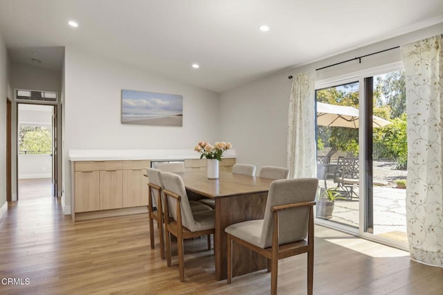 1820 Ramona Dr, Camarillo, CA 93010 - dining space with light wood-style floors, plenty of natural light, vaulted ceiling, and recessed lighting