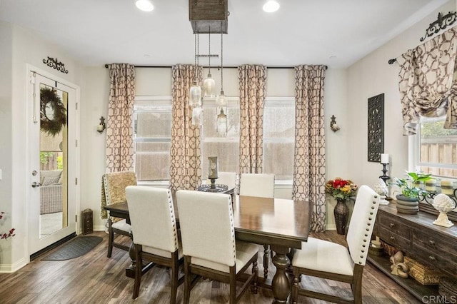 dining area with baseboards, wood finished floors, and a healthy amount of sunlight