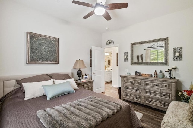 bedroom featuring a ceiling fan and wood finished floors