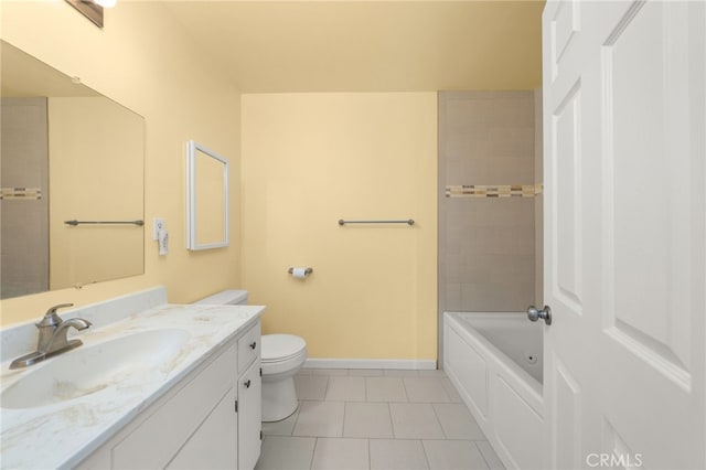 full bathroom with tile patterned floors, baseboards, vanity, and toilet