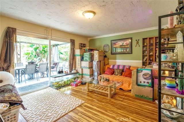 24851 Stem Ave, Lake Forest, CA 92630 - living room with a textured ceiling, wood finished floors, and crown molding