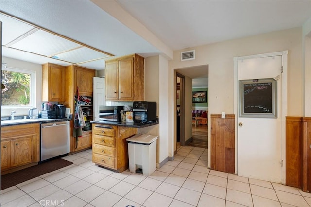 24851 Stem Ave, Lake Forest, CA 92630 - kitchen with appliances with stainless steel finishes, a wainscoted wall, a sink, brown cabinets, and light tile patterned floors