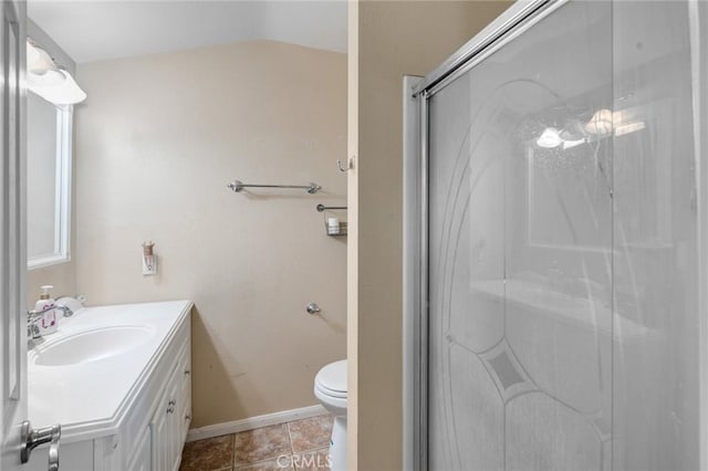 24851 Stem Ave, Lake Forest, CA 92630 - bathroom featuring vanity, a shower stall, tile patterned flooring, and vaulted ceiling