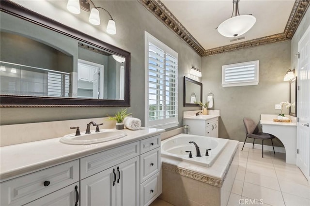 full bathroom with a sink, visible vents, two vanities, tile patterned floors, and a garden tub