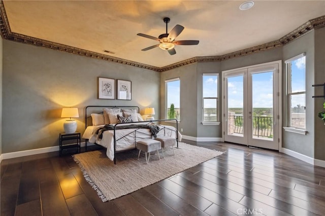 bedroom featuring baseboards, visible vents, access to outside, and dark wood-type flooring