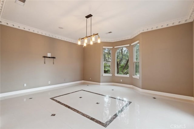 empty room with visible vents, tile patterned floors, and baseboards