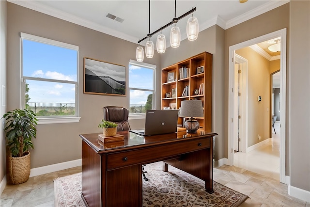 office featuring visible vents, plenty of natural light, ornamental molding, and baseboards
