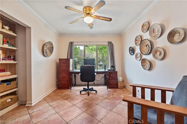 office area with crown molding, a ceiling fan, baseboards, and light tile patterned floors