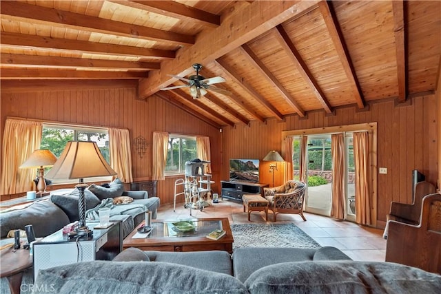 living area featuring wooden ceiling, tile patterned flooring, lofted ceiling with beams, and wood walls