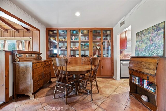 dining room with recessed lighting, visible vents, ornamental molding, and light tile patterned floors