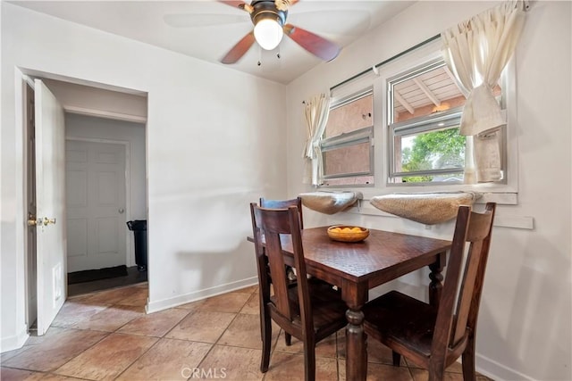 dining space with baseboards and a ceiling fan