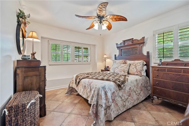 bedroom with tile patterned flooring, a ceiling fan, and crown molding