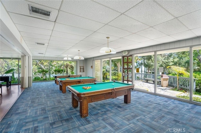 recreation room with pool table, carpet flooring, a paneled ceiling, and visible vents