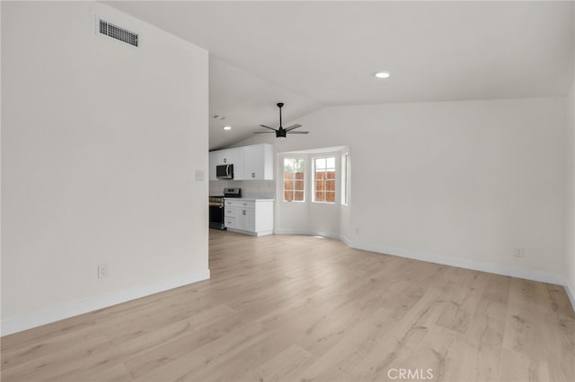 unfurnished living room with lofted ceiling, visible vents, a ceiling fan, and light wood-style floors