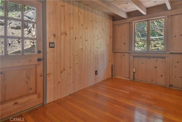 230 Fremont Rd, Lake Arrowhead, CA 92352 - empty room featuring hardwood / wood-style floors, wooden walls, and beam ceiling