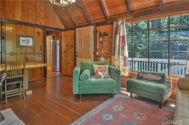230 Fremont Rd, Lake Arrowhead, CA 92352 - living room with hardwood / wood-style floors, wood walls, beamed ceiling, wood ceiling, and high vaulted ceiling