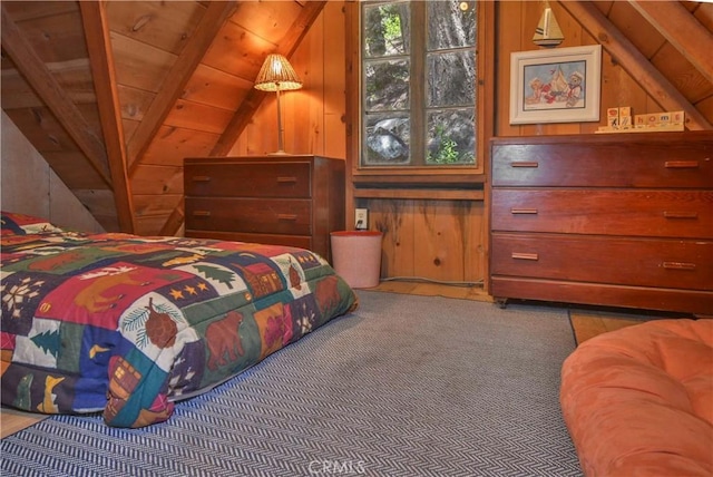 230 Fremont Rd, Lake Arrowhead, CA 92352 - carpeted bedroom with vaulted ceiling, wooden walls, and wood ceiling