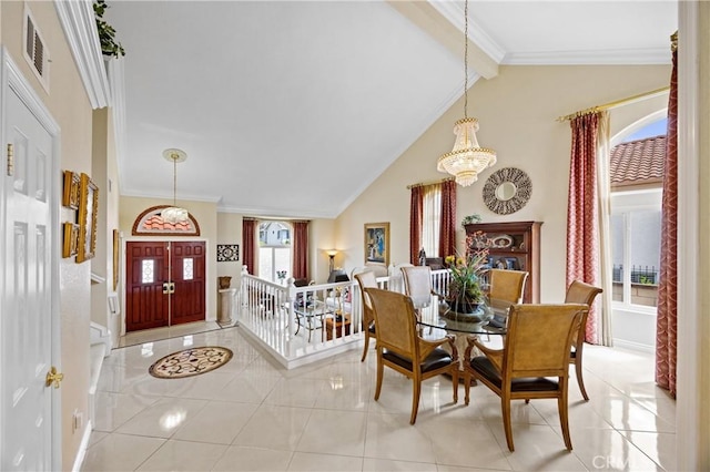 dining room featuring vaulted ceiling with beams, crown molding, light tile patterned floors, and a chandelier