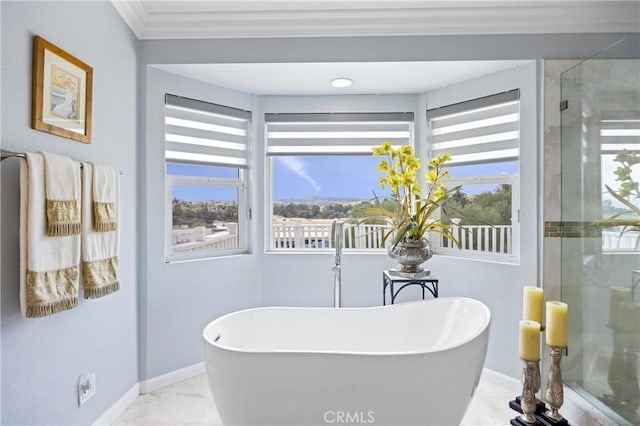 bathroom featuring crown molding, a soaking tub, baseboards, and a wealth of natural light