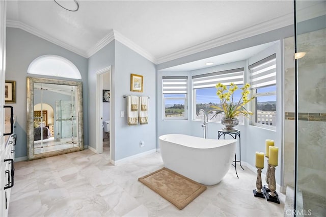 full bath with crown molding, an enclosed shower, baseboards, marble finish floor, and a soaking tub