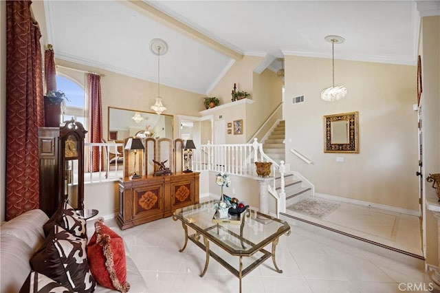 living room featuring stairway, baseboards, light tile patterned floors, and visible vents