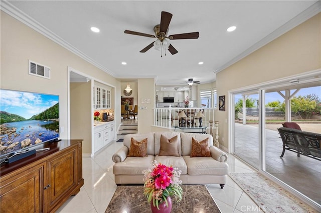 living room with crown molding, ceiling fan, recessed lighting, and visible vents