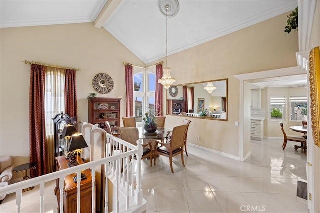 dining space with beam ceiling, light tile patterned floors, baseboards, high vaulted ceiling, and a chandelier