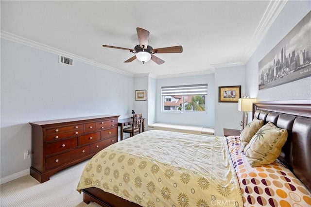 bedroom with baseboards, visible vents, ornamental molding, and light carpet