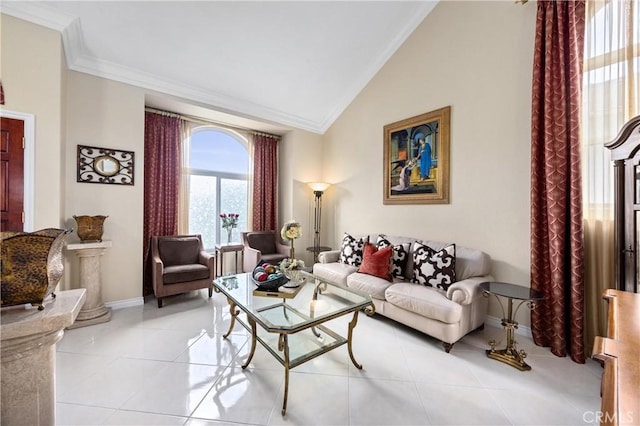 living room featuring crown molding, baseboards, light tile patterned floors, and lofted ceiling