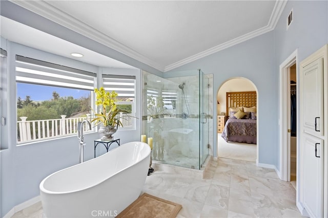 ensuite bathroom featuring crown molding, visible vents, a soaking tub, a stall shower, and vaulted ceiling