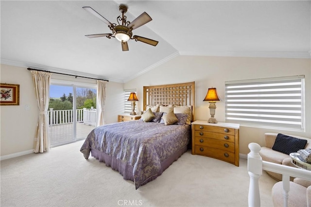 bedroom with baseboards, light colored carpet, access to exterior, and lofted ceiling