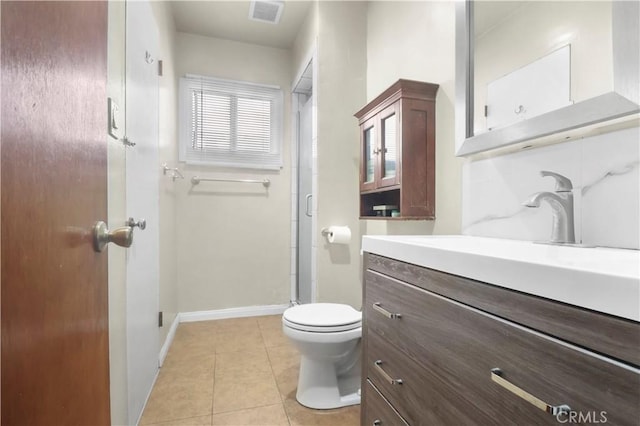 full bathroom with tile patterned floors, toilet, baseboards, visible vents, and a stall shower