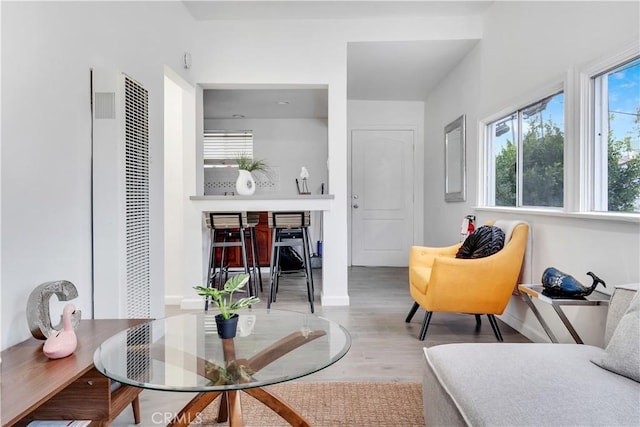living area featuring baseboards, wood finished floors, and a heating unit