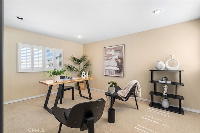 home office featuring recessed lighting, carpet flooring, and baseboards