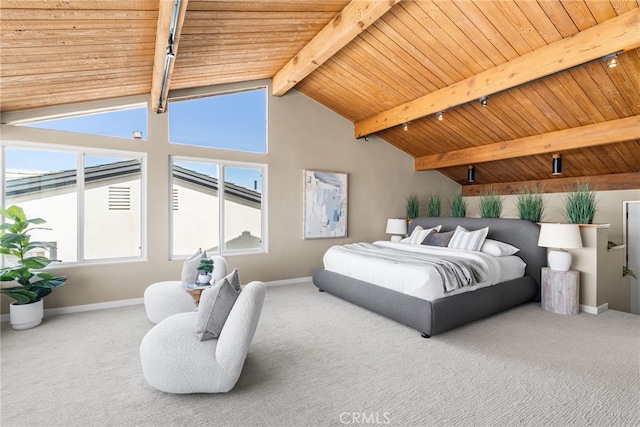 bedroom with wood ceiling, carpet, lofted ceiling with beams, and baseboards
