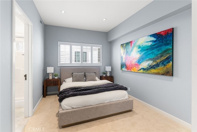 bedroom featuring recessed lighting, carpet flooring, and baseboards