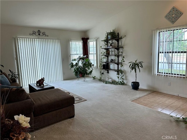living area featuring lofted ceiling and carpet