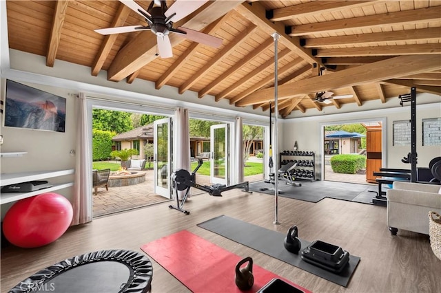2291 Pavillion Dr, North Tustin, CA 92705 - exercise area with lofted ceiling, wood ceiling, a ceiling fan, and wood finished floors