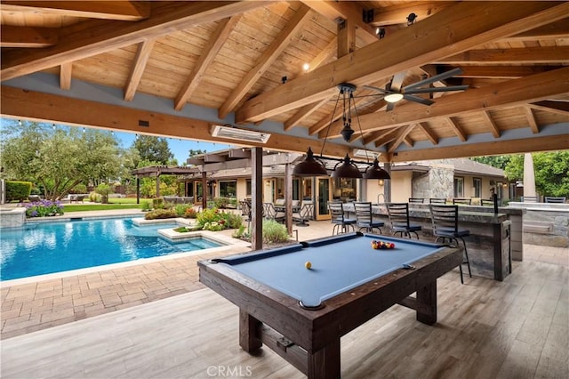 2291 Pavillion Dr, North Tustin, CA 92705 - rec room with a bar, wooden ceiling, beam ceiling, and wood-type flooring