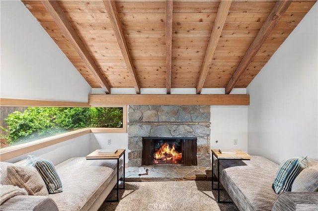 2291 Pavillion Dr, North Tustin, CA 92705 - interior space featuring a fireplace, wood ceiling, carpet floors, and beam ceiling