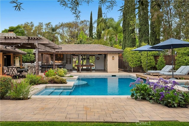 2291 Pavillion Dr, North Tustin, CA 92705 - pool with outdoor dining area, a patio, a pergola, and fence