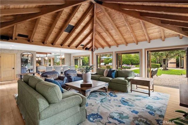 2291 Pavillion Dr, North Tustin, CA 92705 - living area featuring wood ceiling, visible vents, wood finished floors, and beam ceiling